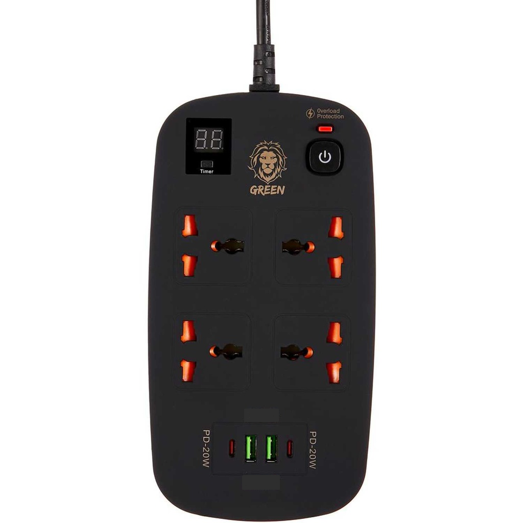 Green Multi Port 8 in 1 Power Socket - Black